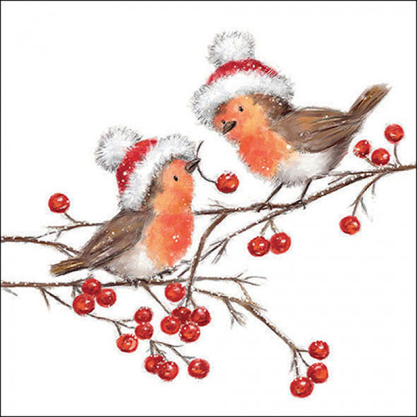 Ambiente Christmas Robin and Berry White Paper Napkins | Pack of 20