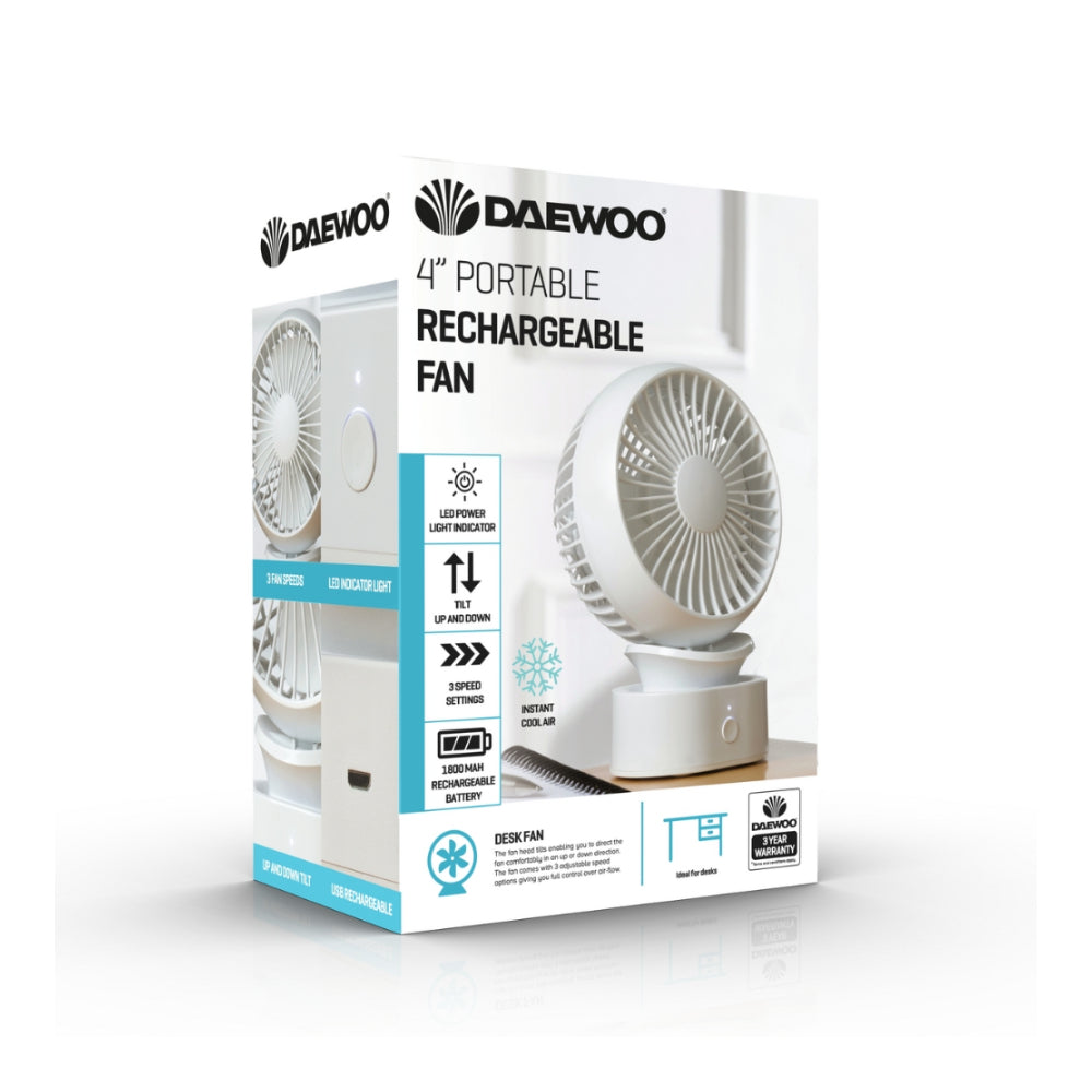 Daewoo 4 Inch Portable Rechargeable Desk Fan | 3 Speeds, 1800mAh