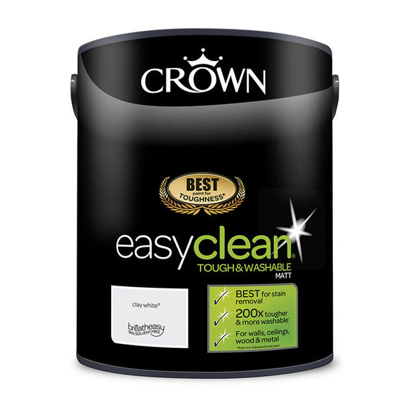Crown Paint Easyclean Clay White Matt Emulsion Paint | 5L, Tough & Washable
