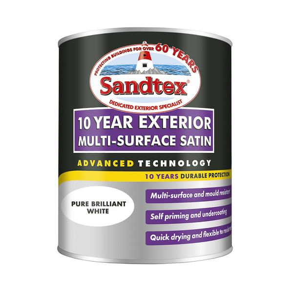 Sandtex 10 Year Exterior Multi-Surface Satin Paint Brilliant White | 750ml