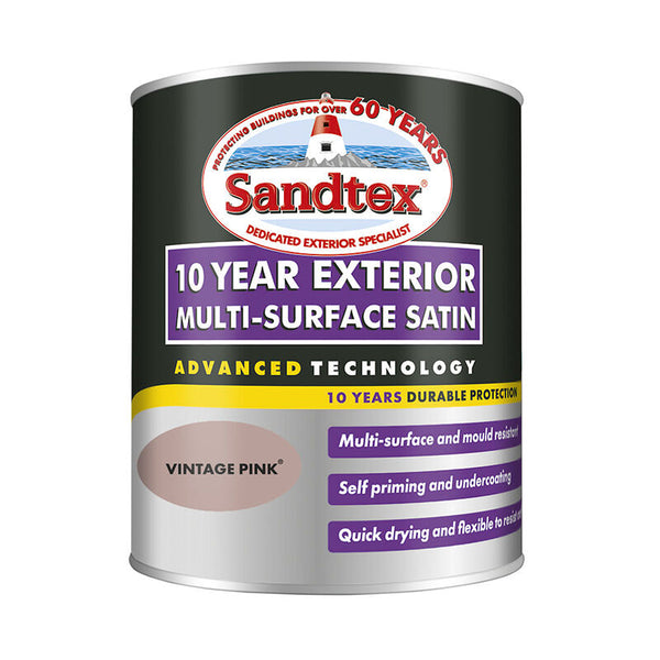Sandtex 10 Year Multi-Surface Satin Exterior Paint Vintage Pink | 750ml