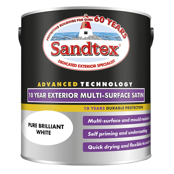 Sandtex 10 Year Multi Surface Exterior Satin Paint | Pure Brilliant White, 2.5L