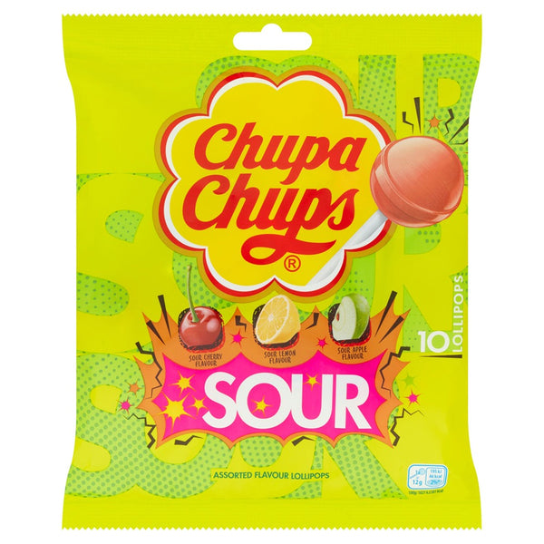 Chupa Chups Assorted Sour Lollipops | Pack of 10, 12 g, Cherry, Lemon & Apple