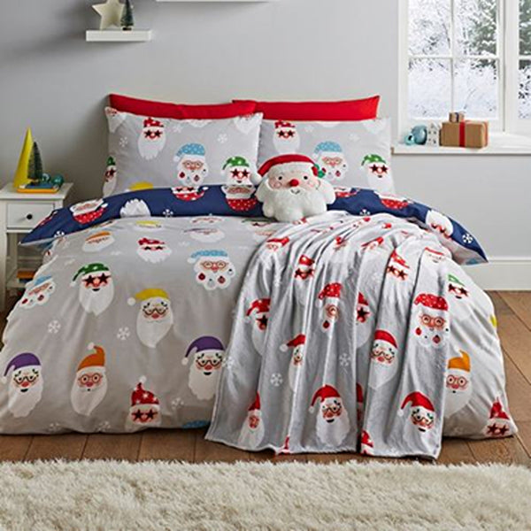 Christmas Santa Reversible Single Duvet Cover Set | Grey Base, Assorted Colours