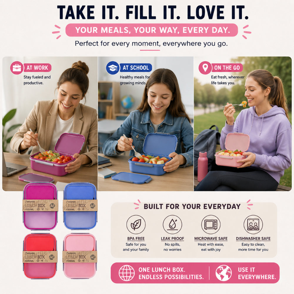 Freelander Clip-Lock Lunch Box Food Container - 1.6L, Assorted Colours