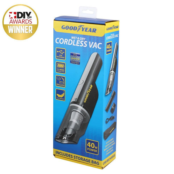 Goodyear Wet & Dry Cordless Vacuum Cleaner | USB Charging, Powerful Suction, Versatile Attachments