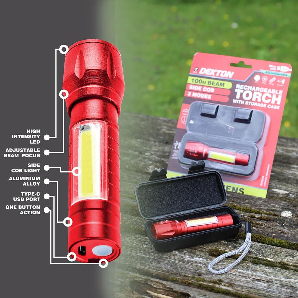 Dekton Rechargeable LED Torch | 100lm | Metallic Red