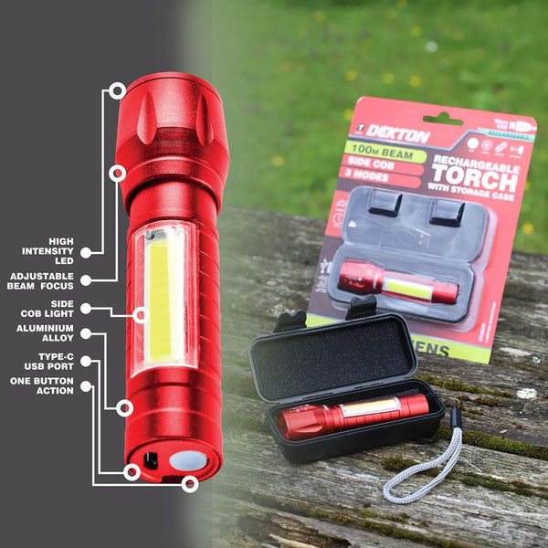 Dekton Rechargeable LED Torch | 100lm | Metallic Red