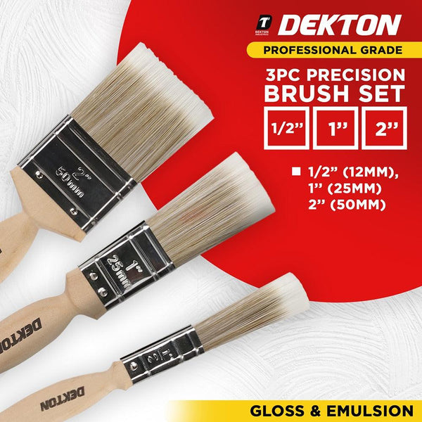 Dekton Pro Precision 3pc Brush Set | Synthetic Bristles, 1-2 Inch Sizes