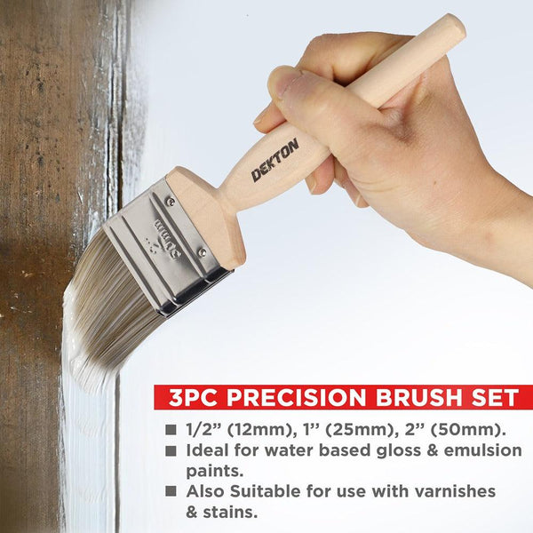 Dekton Pro Precision 3pc Brush Set | Synthetic Bristles, 1-2 Inch Sizes