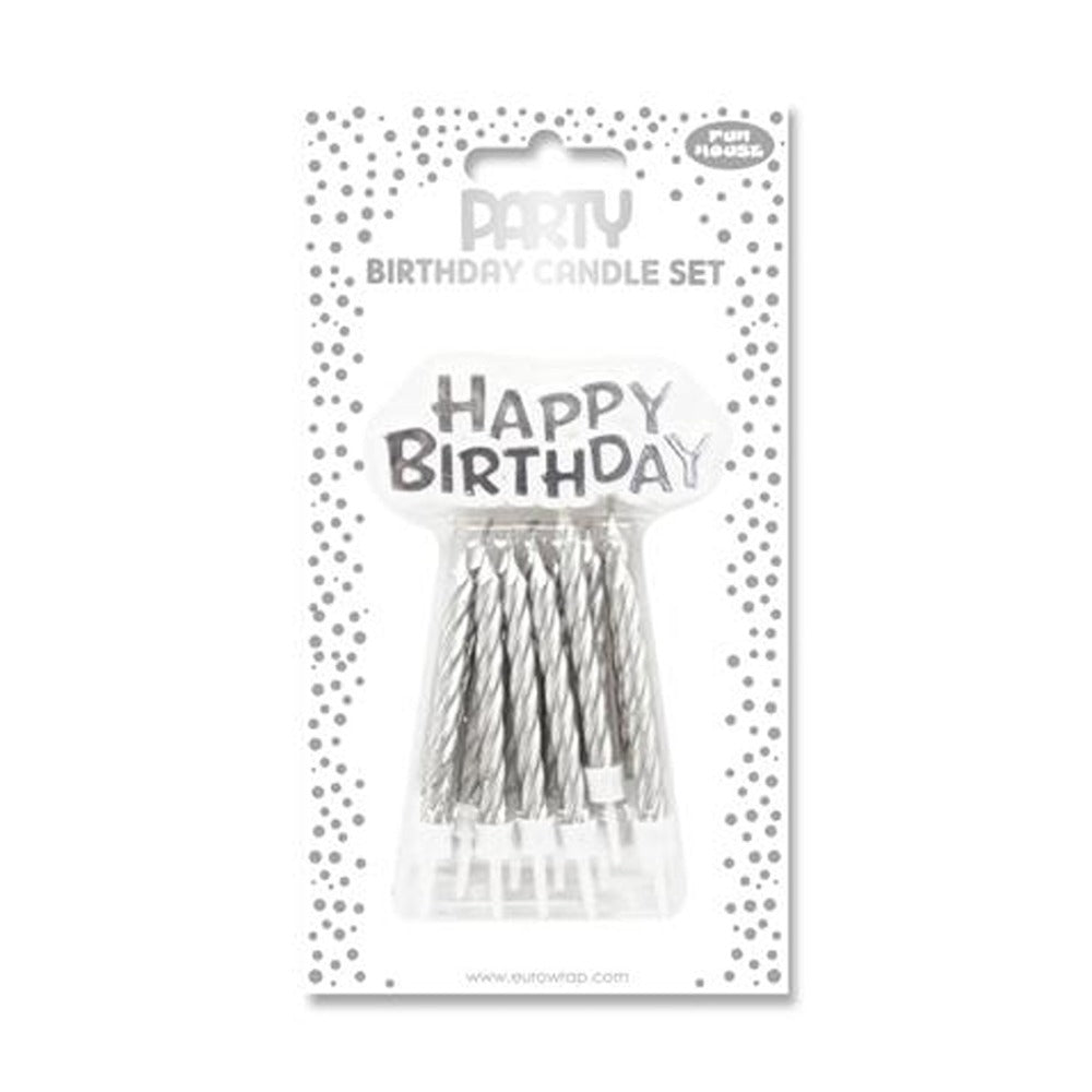 Silver Happy Birthday Spiral Cake Candles | Pack of 6, with Holders