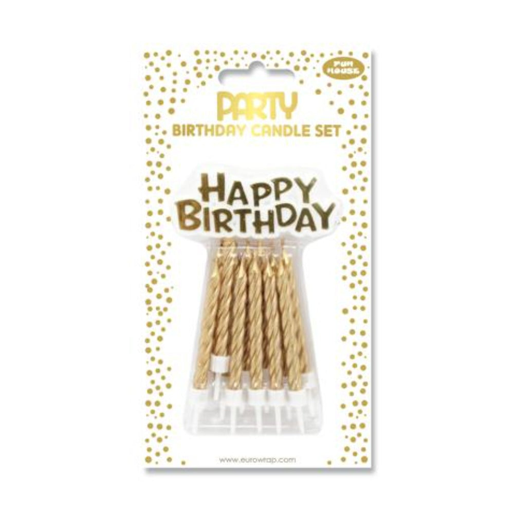 Gold Spiral Happy Birthday Cake Candles | Pack of 6, with Holders