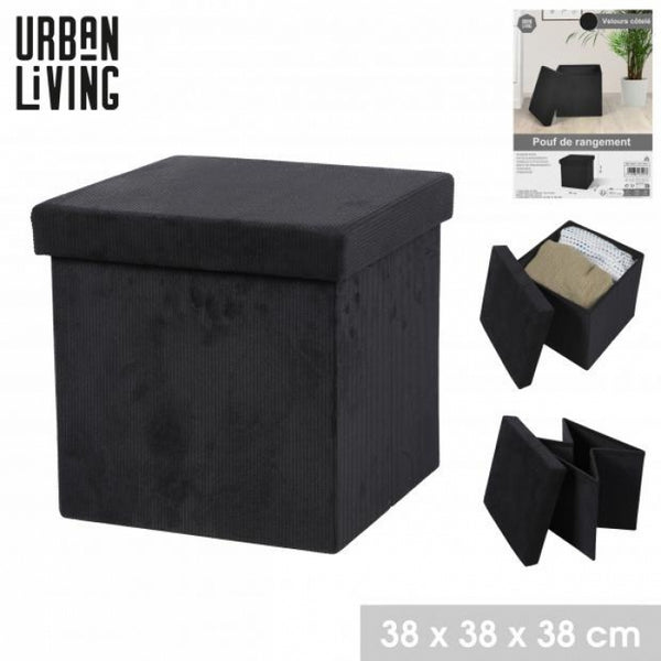 Urban Living Corduroy Velvet Foldable Storage Ottoman | Black | 38 x 38 x 38 cm