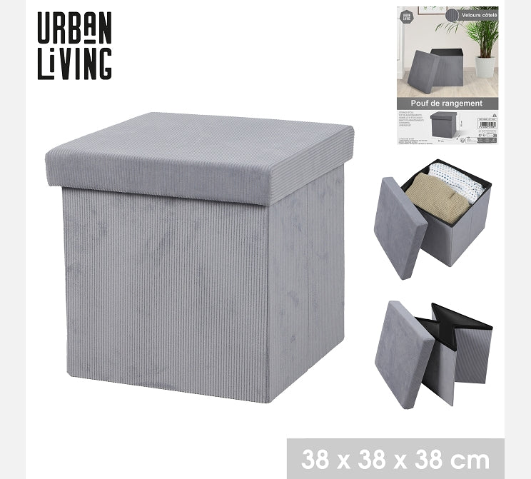 Urban Living Cord Foldable Storage Seat | Grey Ribbed Velvet | 38 x 38 x 38 cm