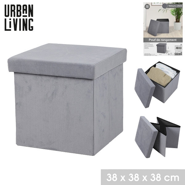 Urban Living Cord Foldable Storage Seat | Grey Ribbed Velvet | 38 x 38 x 38 cm