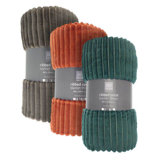 Country Club Ribbed Plush Throw Blanket | 200 x 220cm, Assorted Colours