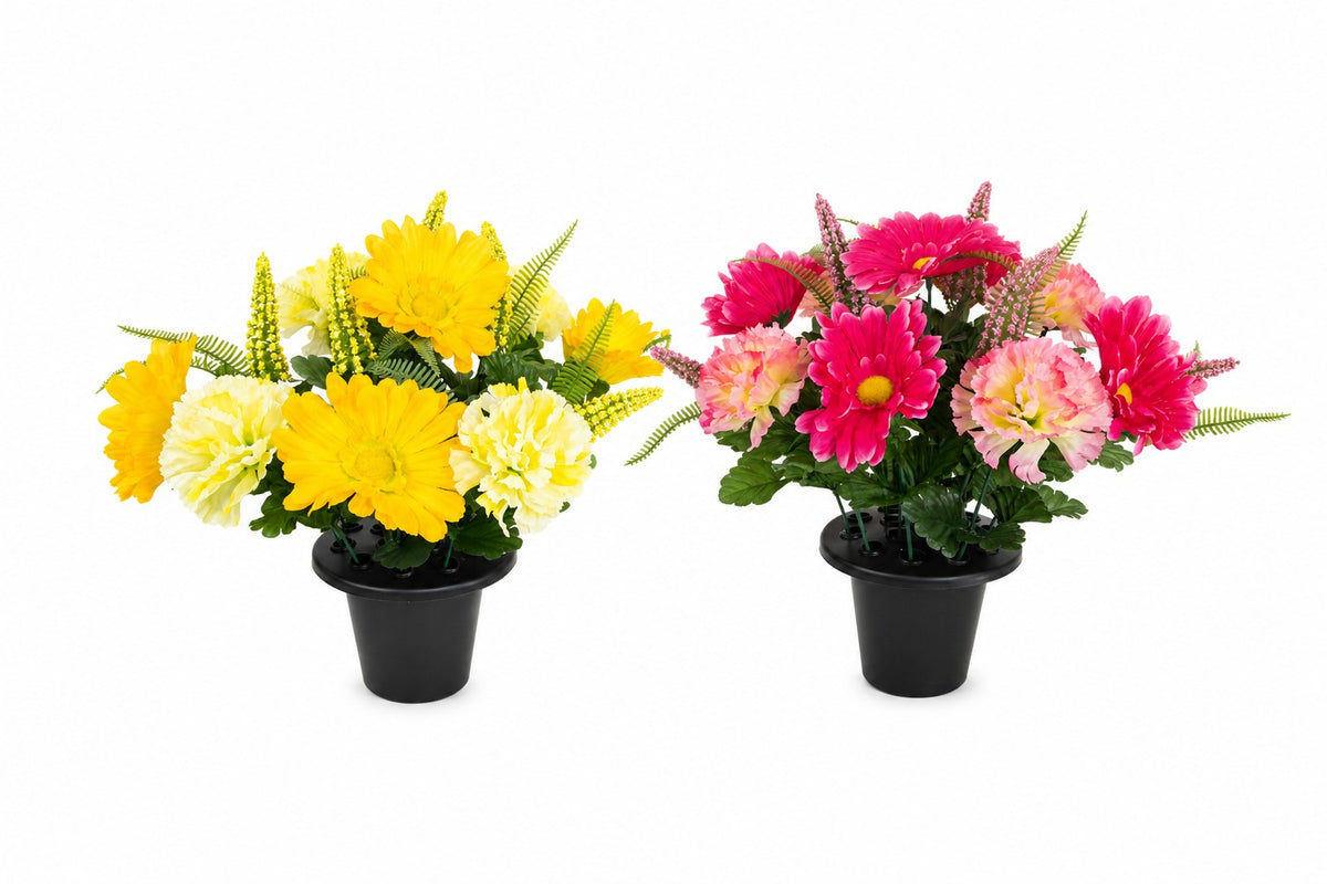 Carnation and Foxtail Artificial Grave Pot | Assorted Colours, Black Pot