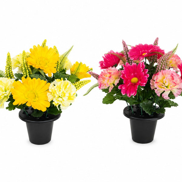 Carnation and Foxtail Artificial Grave Pot | Assorted Colours, Black Pot