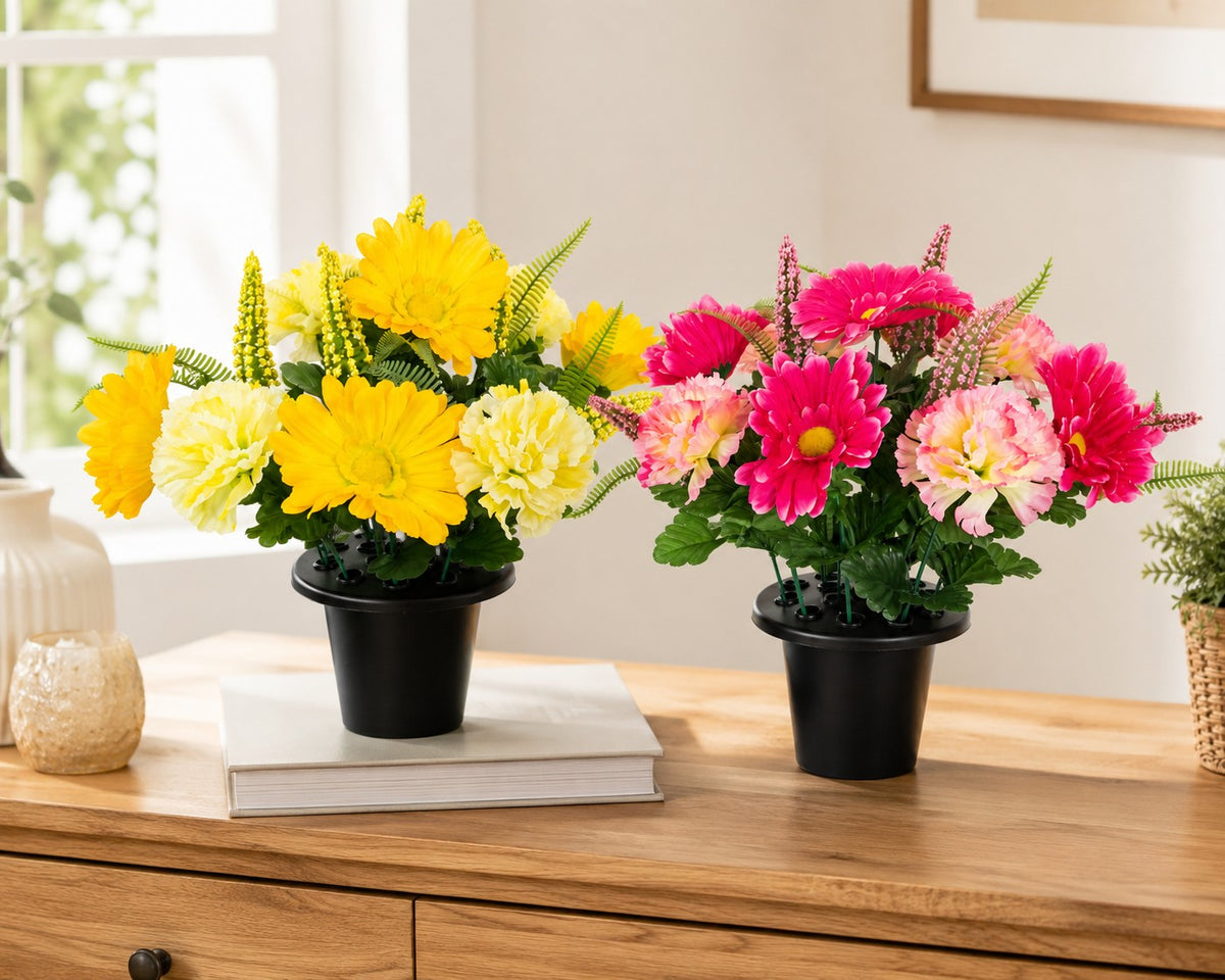 Carnation and Foxtail Artificial Grave Pot | Assorted Colours, Black Pot