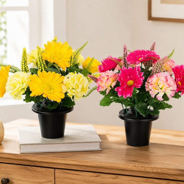 Carnation and Foxtail Artificial Grave Pot | Assorted Colours, Black Pot