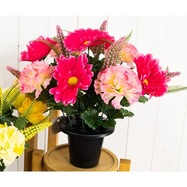 Carnation and Foxtail Artificial Grave Pot | Assorted Colours, Black Pot