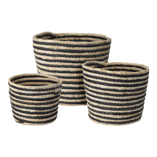 Black Stripe Handwoven Straw Storage Baskets | Set of 3, Assorted Sizes