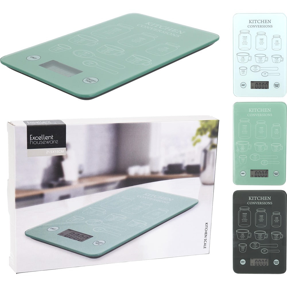 Digital Glass Kitchen Scale with LCD Display | 21.5 x 15cm, Assorted Colours