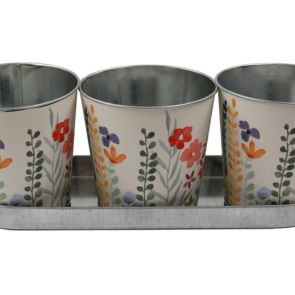 SIL Hand-Painted Floral Metal Planters with Tray | Set of 3 | 12cm