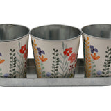 SIL Hand-Painted Floral Metal Planters with Tray | Set of 3 | 12cm