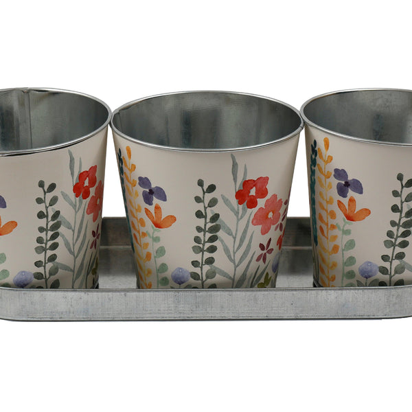 SIL Hand-Painted Floral Metal Planters with Tray | Set of 3 | 12cm