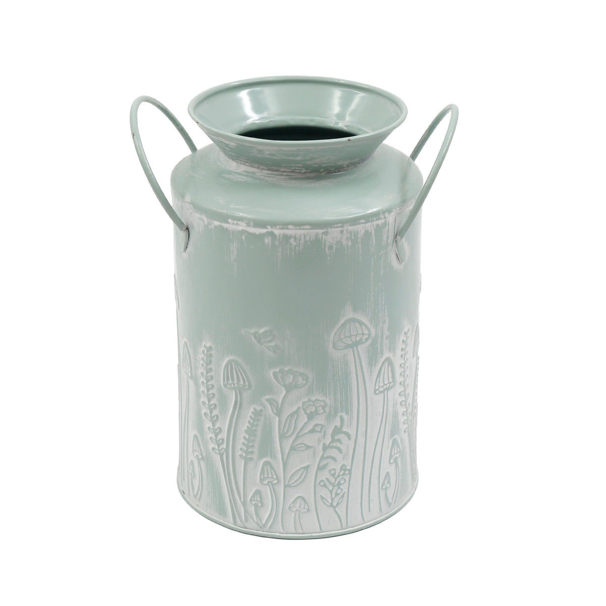SIL Pastel Green Embossed Metal Vase with Handles | 12x20cm