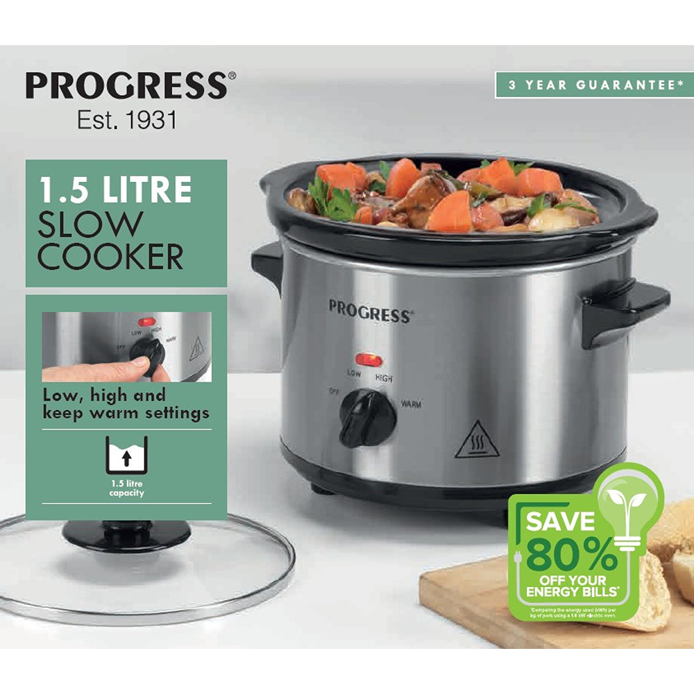 Progress 1.5L Compact Slow Cooker | 3 Heat Settings, Energy Efficient