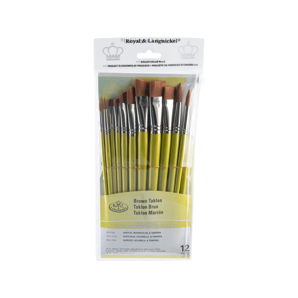 Royal & Langnickel Brown Taklon Paint Brush Set | Pack of 12, Assorted Shapes