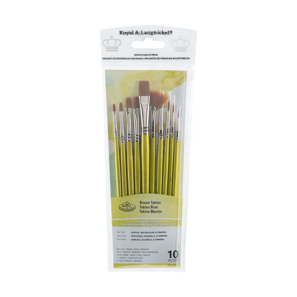 Royal & Langnickel Brown Taklon Variety Brush Set | Pack of 12, Assorted Shapes