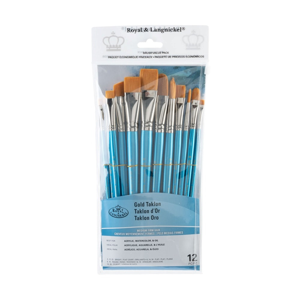 Royal & Langnickel Gold Taklon Brush Set | Flats, Rounds, Pack of 12