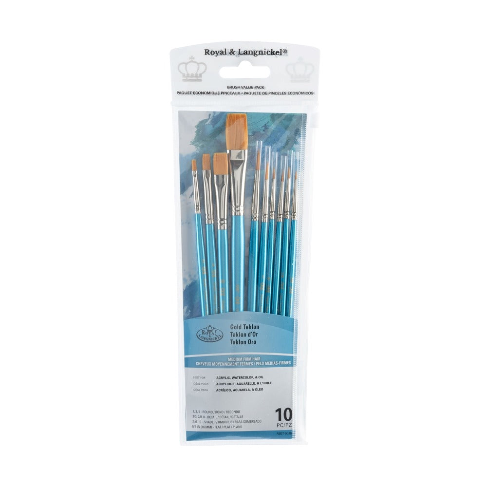 Royal & Langnickel Gold Taklon Flat Set Pack of 10 Paint Brushes | Mixed Shapes