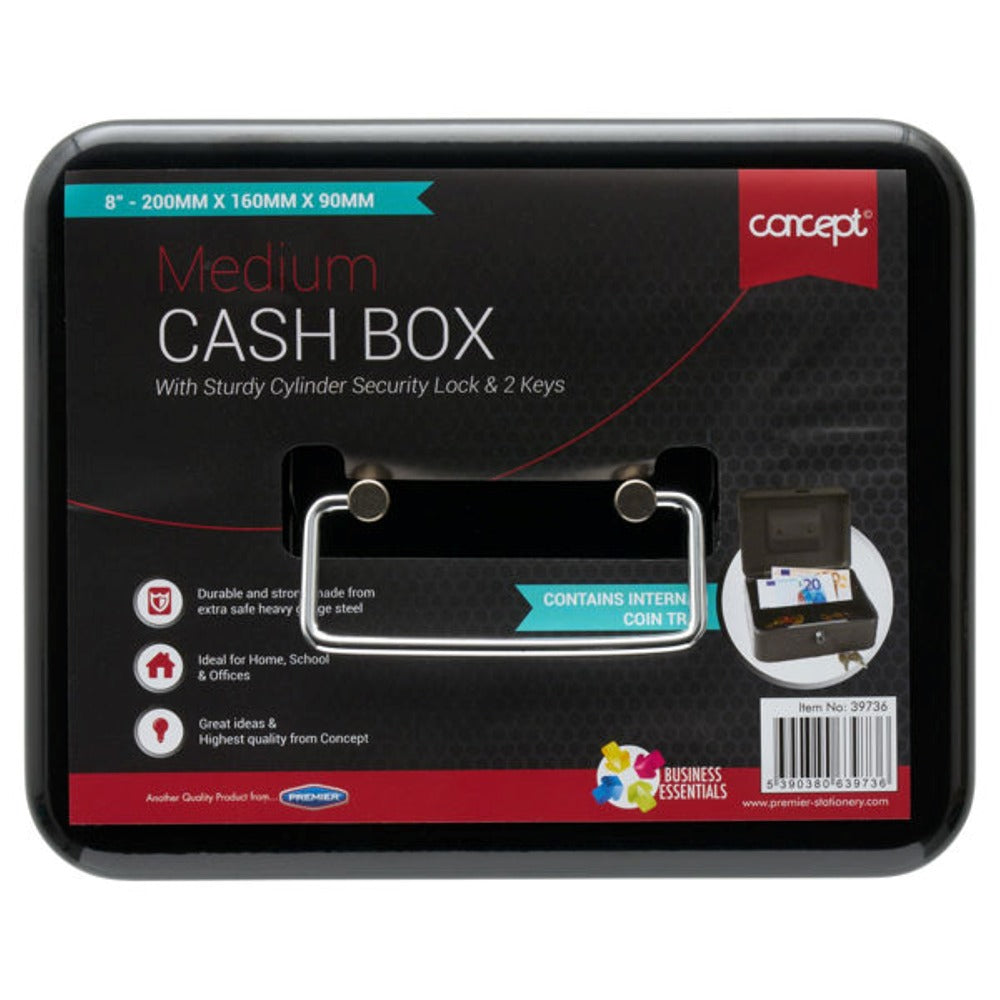 Concept 8in Metal Cash Box with Cylinder Lock and Coin Tray | Black