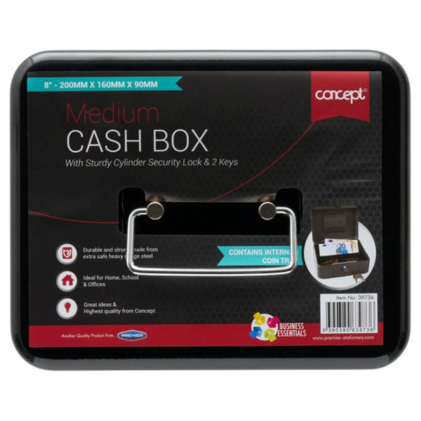 Concept 8in Metal Cash Box with Cylinder Lock and Coin Tray | Black