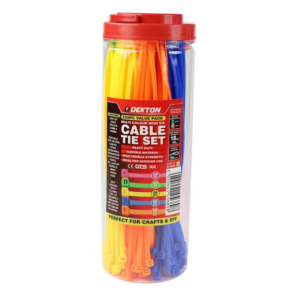 Dekton Hi-Vis Heavy-Duty Nylon Cable Tie Set | 250pc, 2.5mm x 100mm
