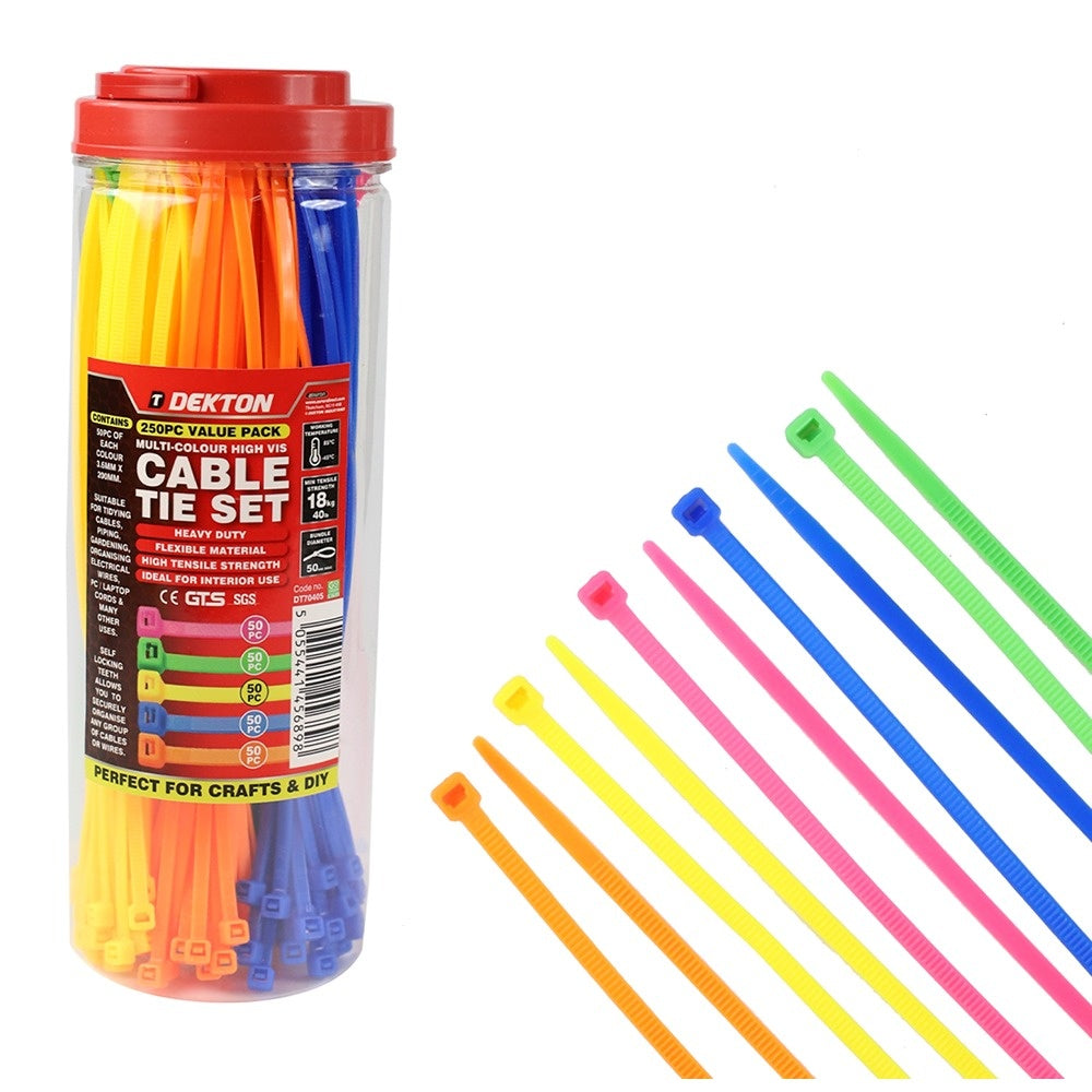 Dekton Hi-Vis Cable Tie Set - 250 Piece 2.5mm x 100mm