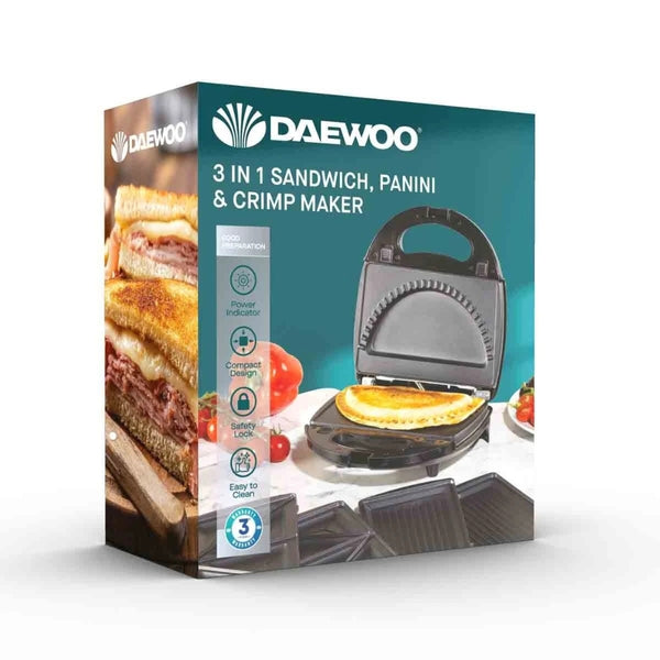 Daewoo 3-in-1 Sandwich Maker | Interchangeable Plates, Panini & Crimp