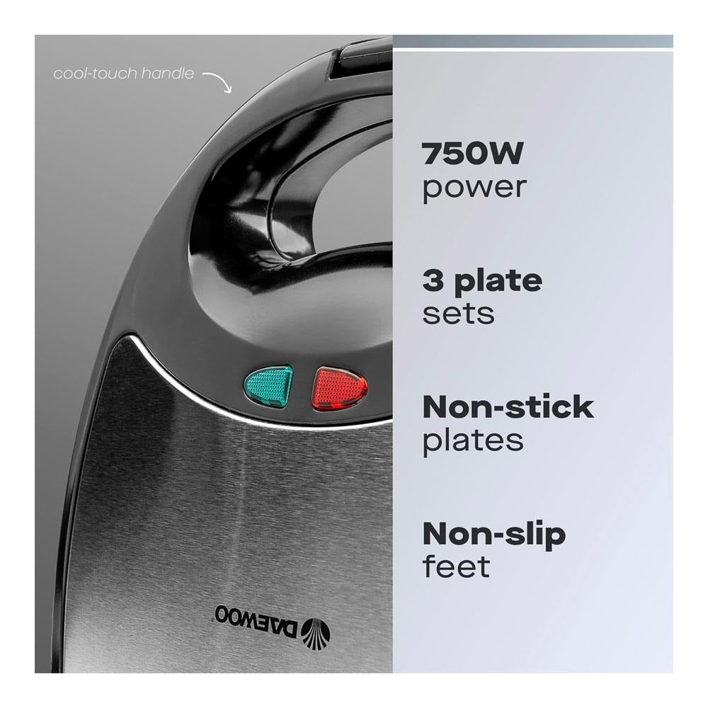 Daewoo 3-in-1 Sandwich Maker | Interchangeable Plates, Panini & Crimp