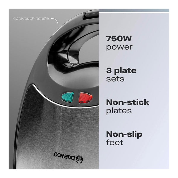 Daewoo 3-in-1 Sandwich Maker | Interchangeable Plates, Panini & Crimp
