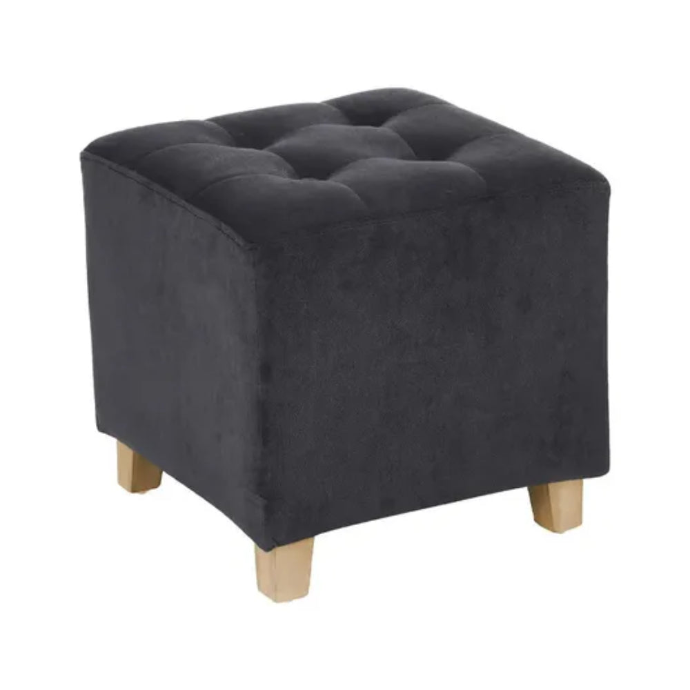 5FIVE Velvet Footstool Ottoman | Grey, Tufted Padded Top, Square