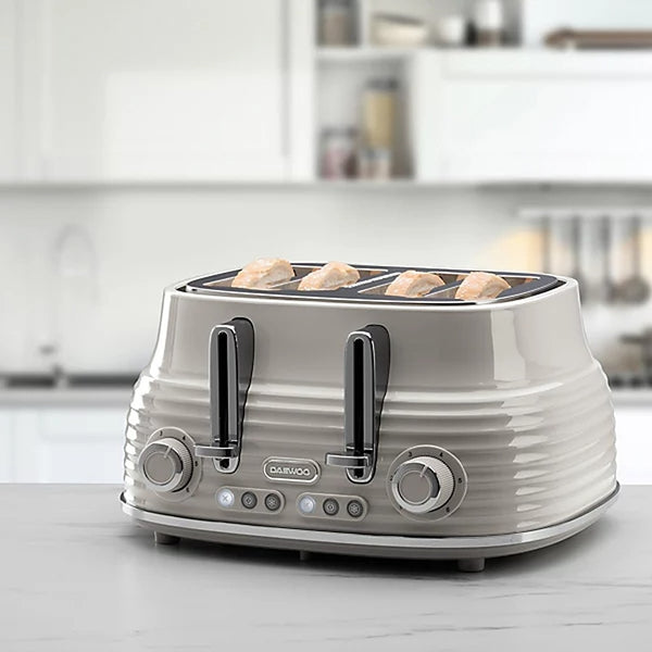 Daewoo Sienna Taupe 4 Slice Toaster | Defrost, Reheat, Cancel