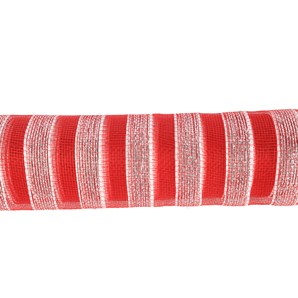 Christmas Red and White Striped Mesh Ribbon | 10 x 0.5m, Metallic Thread