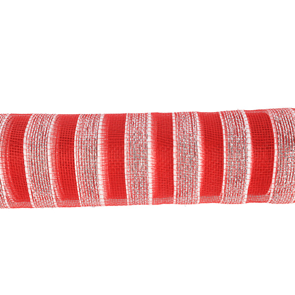 Christmas Red and White Striped Mesh Ribbon | 10 x 0.5m, Metallic Thread