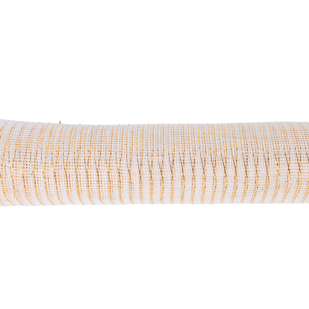 Christmas 10 x 0.5m White Mesh Ribbon with Gold Accents Roll | Assorted Designs