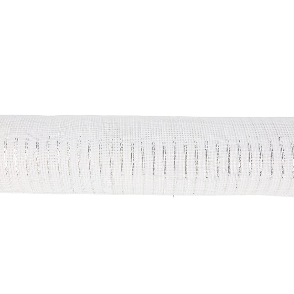 Christmas White Mesh Ribbon | 10 x 0.5m Roll, Silver Metallic Details