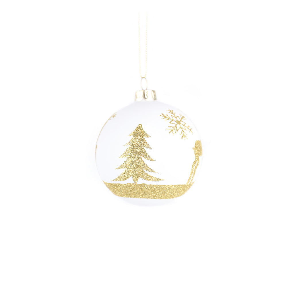 Christmas White Glass with Gold Reindeer Tree Bauble | 12cm, Gold Glitter